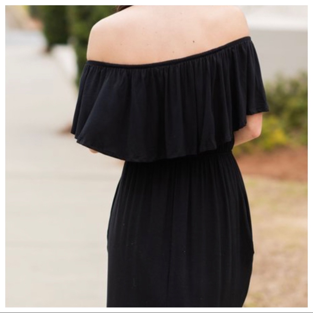 LAYERED OFF THE SHOULDER MAXI DRESS W/POCKETS - Picture 4 of 4